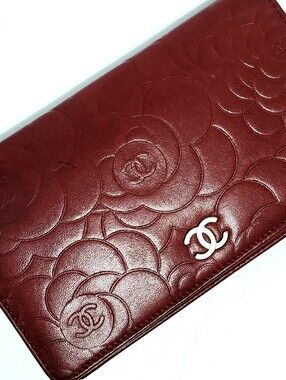 CHANEL Camellia  Embossed Long Bifold Dark Red w/ Silver Logo